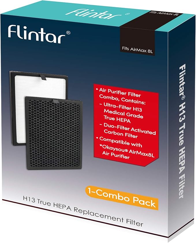 Flintar Air Max 8L True HEPA Replacement Set, Compatible With Okaysou AirMax8L Air Purifier, Blue Ultra-Filter H13 True HEPA + Yellow Duo-Filter Activated Carbon Combo Pack
