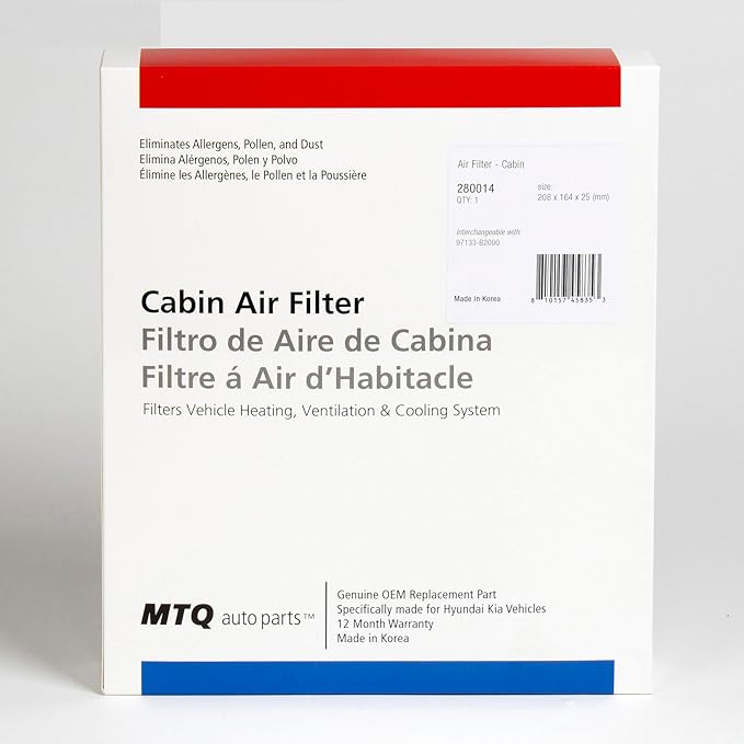 97133-B2000 MTQ Auto Parts Cabin Air Filter compatible with Kia Soul (2014-2019), Kia Soul EV (2015-2019), Made in Korea