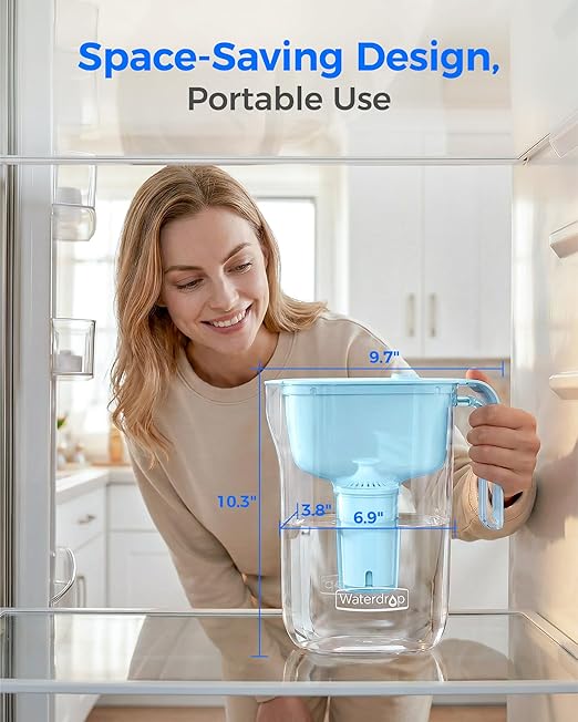 Waterdrop Alkaline Water Filter Pitcher with 3 Replacement Filters, Can Work with Brita® Water Pitchers & Filters, Smooth-Tasting Water, Increases PH, Reduces Chlorine, Up to 6 Months, 7-Cup, Blue