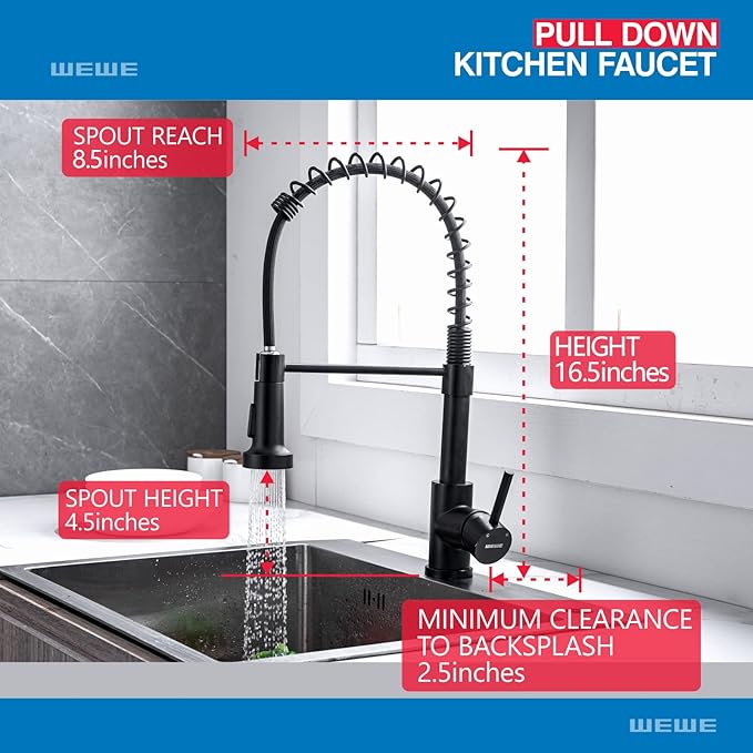 WEWE Faucet for Kitchen Sink, Kitchen Faucets Black Stainless Steel Commercial Spring Kitchen Faucet with Pull Down Sprayer, One Hole or 3 Hole Kitchen Faucet for RV Outdoor Farmhouse Camper Bar Sinks