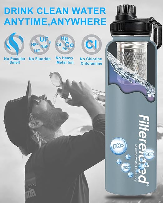 Filterelated 30oz Stainless Steel Portable Alkaline Filter Water Bottle, Creates Up to 9+ Ph of Quality Water, Sports Travel Water Bottle, Removes Water Impurities(Grey)
