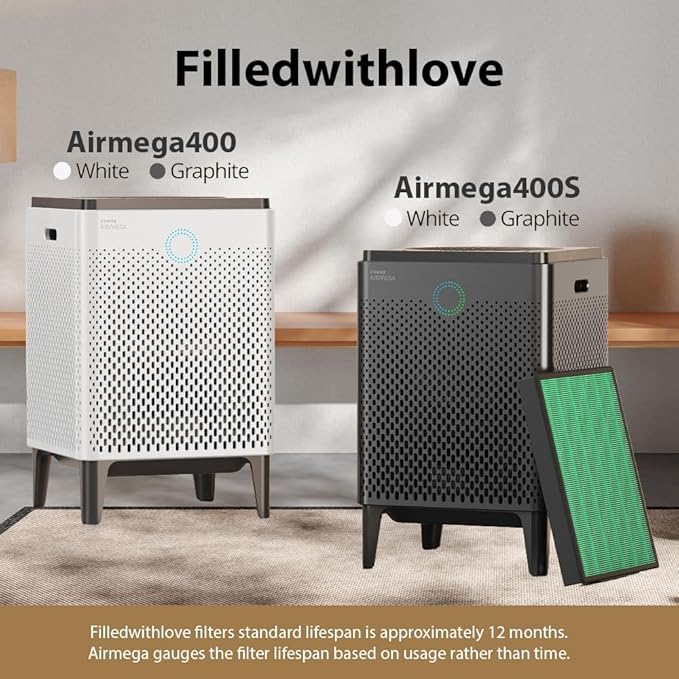 2 Set Airmega 400/400S Replacement Filter Compatible with Coway AIRMEGA Max2 400 400S 400(G) 400S(G) Air Purifier, AP-2015-FP, Max2 Green and Activated Carbon Filter Set
