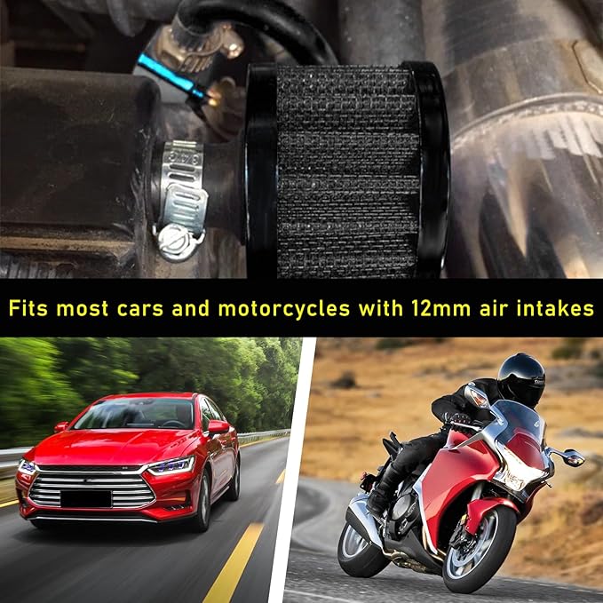 12mm Mini Air Filter, Universal Motor Cold Air Intake Filter Breather, Auto Turbo Vent Intake Filter Cleaner, Crankcase Breather Car Accessories for Motorcycle Engine Parts (Black)