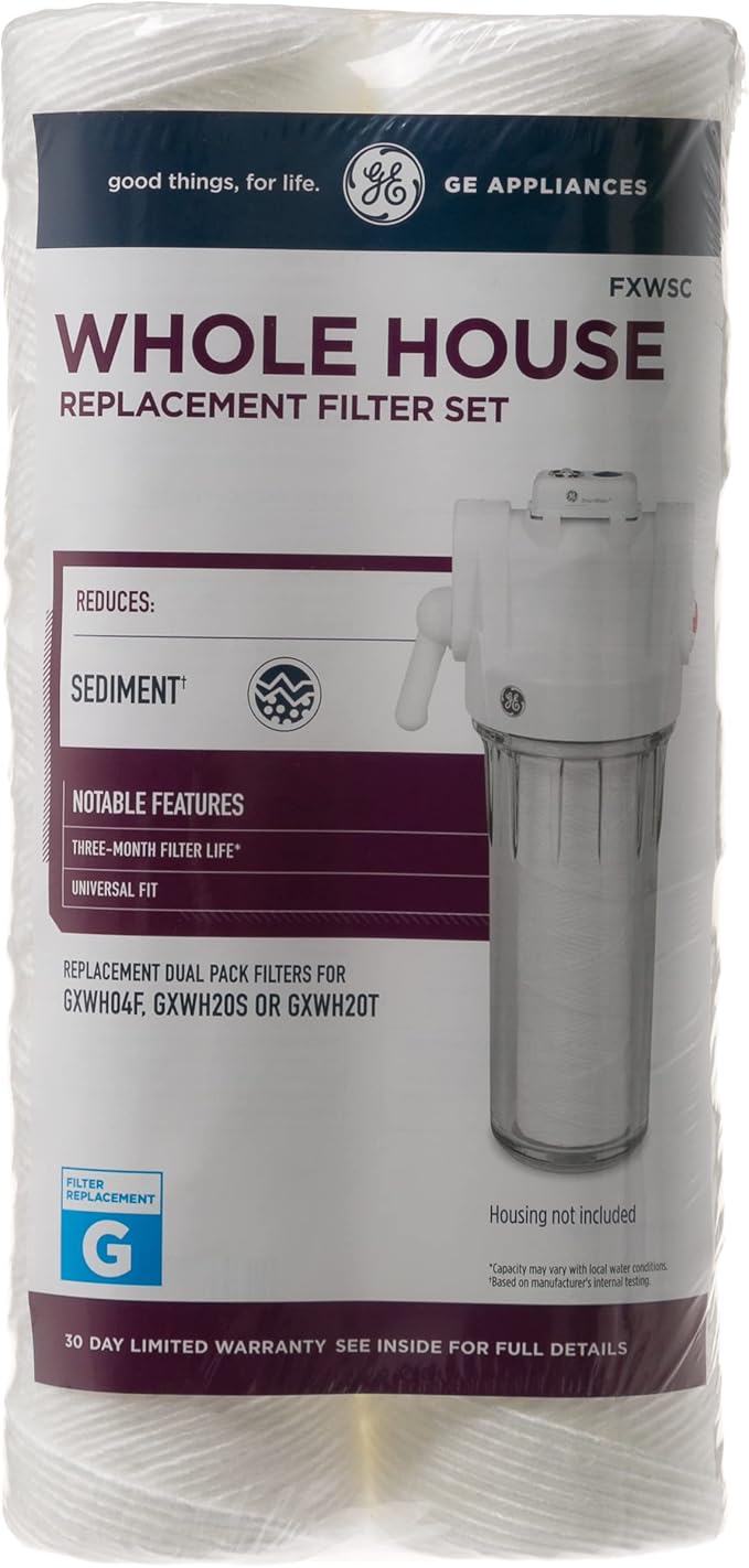GE FXWSC Whole House Water Filter, Replacement for Water Filtration System, NSF Certified: Reduces Sediment, Rust & Other Impurities from Water, Replace Every 3 Months for Best Results, 2 Filters