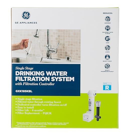 GE Single Stage Under Sink Water Filter System, Water Filtration System Reduces Impurities in Water, Easy Install, No Plumbing Required, Replace Filter (FQK1K) Every 6 Months, GXK185KBL