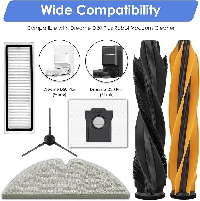 (21 Pack) D20 Plus Replacement Parts Compatible with Dreame D20 Plus Robot Vacuum Cleaner, 2 Roller Brushes, 5 Mop Pads, 4 HEPA Filters, 4 Dust Bags, 6 Side Brushes, Accessories Kit