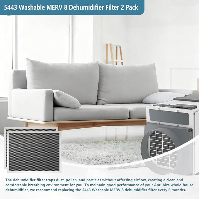 5443 Washable MERV 8 Dehumidifier Filter Compatible with AprilAire Whole-House Dehumidifier Models 1830 1850 1852 and Ventilation Models 8191 8192 10x12x1 inch Replacement Filter 2 Pack