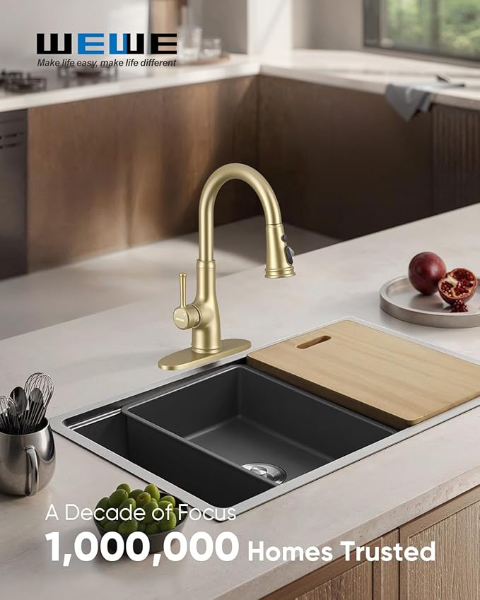 WEWE Vintage Kitchen Faucet with Pull Down Sprayer, Stainless Steel 1 or 3 Hole High Arc Single Handle Antique Sink Faucet for Classic Modern Ktichen, Gold Bar & Prep Sinks