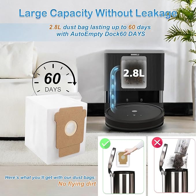 10 Pack 104/105 Combo Dust Bags for iRobot Roomba Vacuum 2 Q0520, Plus 405/504/505 Combo, Max 705 Vac 705 Combo Robot, 2.8L Large Capacity Automatic Dirt Disposal Bags