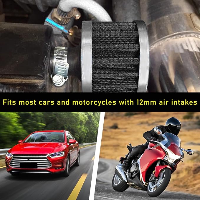 12mm Mini Air Filter, Universal Motor Cold Air Intake Filter Breather, Auto Turbo Vent Intake Filter Cleaner, Crankcase Breather Car Accessories for Motorcycle Engine Parts (Carbon Fiber)
