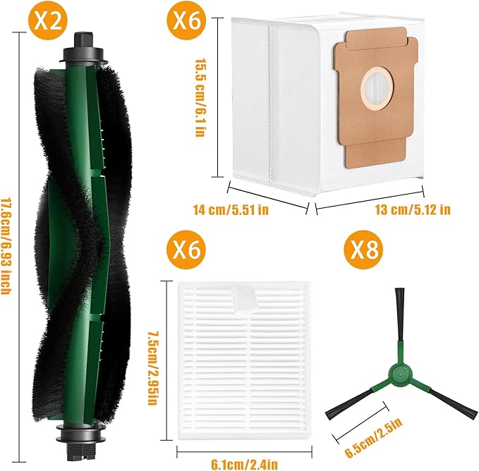 23 Pack Replacement Parts Compatible with iRobot Roomba Vacuum 2 Q0520 Essential Robot Vacuum, Accessory Kit with 2 Roller Brushes, 6 Filters, 6 Dust Bags, 8 Side Brushes, 1 Cleaning Tool
