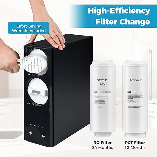 COSTWAY AW-RB20 Alkaline PH+ Reverse Osmosis Water Filter, 600 GPD Tankless Under-Sink RO System with 8-Stage Filtration, Smart LED Faucet, 2:1 Pure to Drain Ratio, High-Efficiency Water Purification