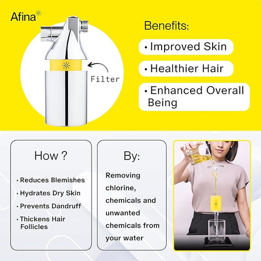Afina Shower Filter For Hard Water - Removes 99% Chlorine, Harmful Substances & Heavy Metals - Improves your Skin & Hair (Chrome)