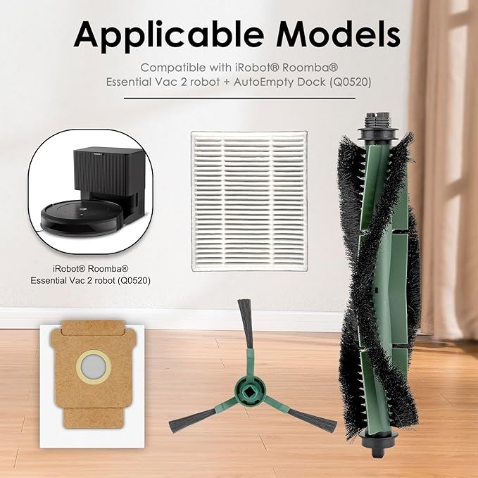 (7 Pieces) Roomba 104 105 Combo Q0520 Replacement Parts Compatible with iRobot Roomba Essential Vac 2 robot + AutoEmpty Dock Q0520, 1 Roller Brush, 2 Side Brushes, 2 HEPA Filters, 2 Dust Bags