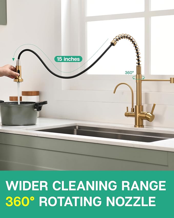 GIMILI 3 in 1 Kitchen Faucet with Pull Down Sprayer Brushed Gold Two Handle Kitchen Sink Faucet with Under Sink Water Filter System Reduces PFAS, PFOA/PFOS, Lead, Chlorine, Bad Taste & Odor