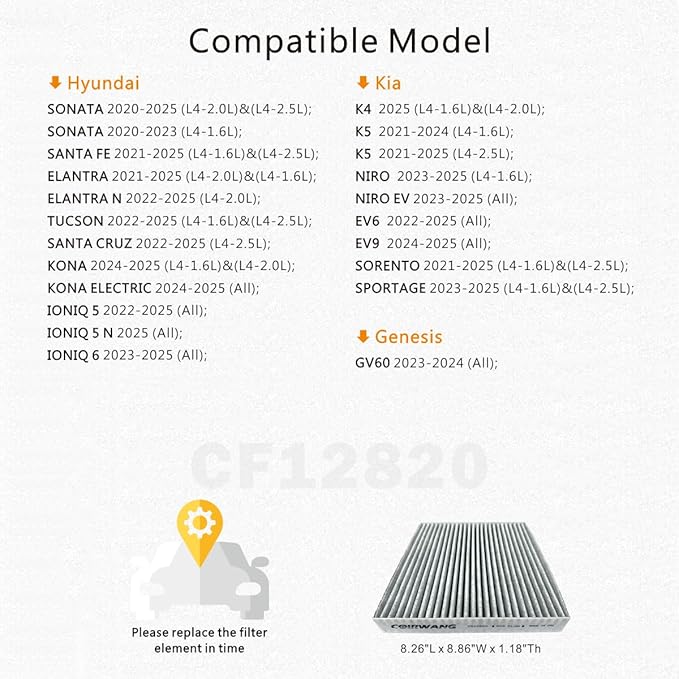 CF12820 Cabin Air Filter with Activated Carbon Compatible with 2021-2025 Hyundai Elantra,Ioniq 5,Santa Cruz,Santa Fe,Sonata,Tucson,GV60 & Kia K5, Niro,Sorento,Sportage-OEM 97133-L1000