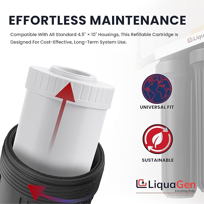 LiquaGen Activated Alumina + Carbon + KDF-55 Replacement Water Filter Cartridge โ Helps Manage Fluoride, Chlorine & Taste, Refillable 2.5" x 10", 2.5" x 20", 4.5" x 10", 4.5" x 20" (4, 4.5" x 10")