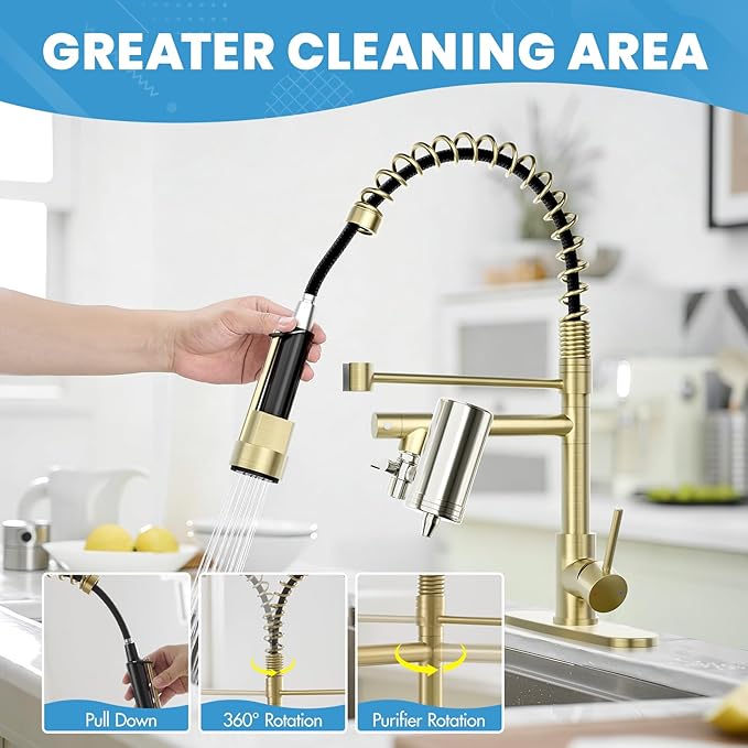 AIMADI Gold Kitchen Faucet with Water Filter and Deck Plate, Commercial Spring Brushed Gold Pull Down Kitchen Sink Faucet for Drinking Water, Farmhouse, RV, Utility or Laundry Sink