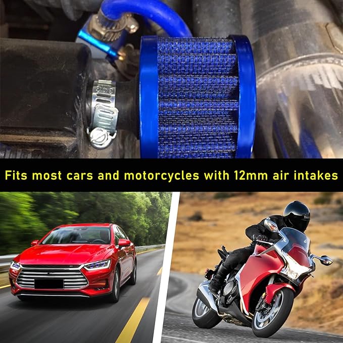 12mm Mini Air Filter, Universal Motor Cold Air Intake Filter Breather, Auto Turbo Vent Intake Filter Cleaner, Crankcase Breather Car Accessories for Motorcycle Engine Parts (Blue)