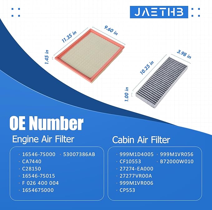 Engine & Cabin Air Filter Set for Nissan 4.0L-Xterra(2005-2015), Frontier(2005-2020), Pathfinder(2005-2012); 5.6L-Pathfinder(2008-2012); for Suzuki 4.0L-Equator(2009-2012) Replace 16546-7S000 CF10553
