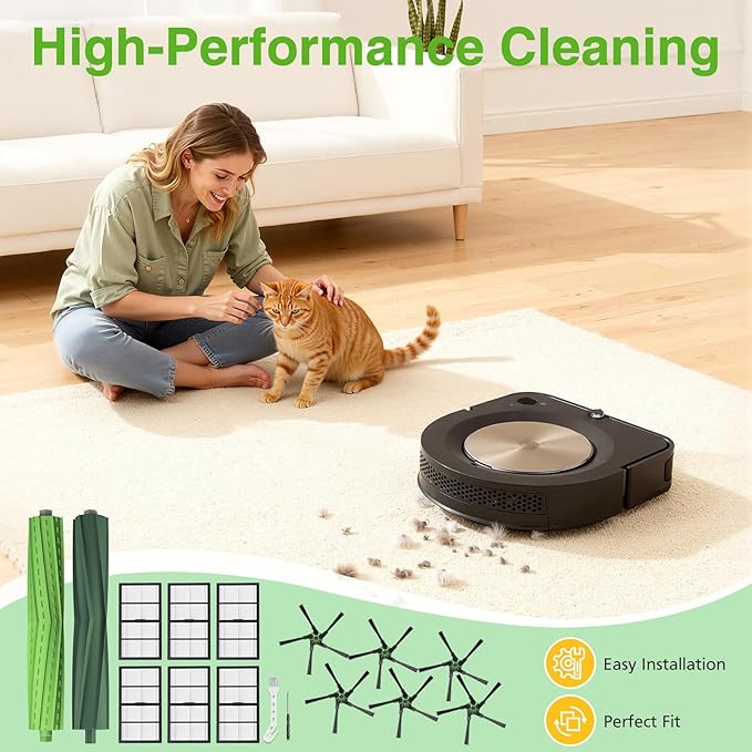 18 Pcs S9 Replacement Parts Accessories for iRobot Roomba S9(9150) S9+ S9 Plus (9550) S Series Vacuum Cleaner, 2 Set Rubber Roller Brush, 6 Filters, 6 Side Brush, 2 Tools