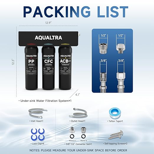AQUALTRA USF-3B-10 Slightly Alkaline Under Sink Water Filter System, 8K-32K Gallons, 0.5 μm Carbon Fiber Filter Reduces Chlorine, Chloramine, Fluoride, Bad Taste & Odor