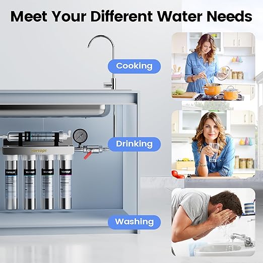 Vortopt Under Sink Water Filtration System-NSF&CEC Certified,Stainless Steel Water Filter, Real-time Pressure Gauge,0.01ฮผm Kitchen Undersink Water Filtration,Retain Beneficial Minerals,U1(5 Filters)