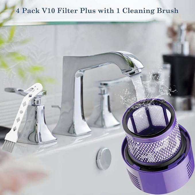 V10 Replacement Filters - 4 Pack for Dyson V10 Cyclone Series, Absolute, Animal, Total Clean, SV12 - Includes 1 Clean Brush