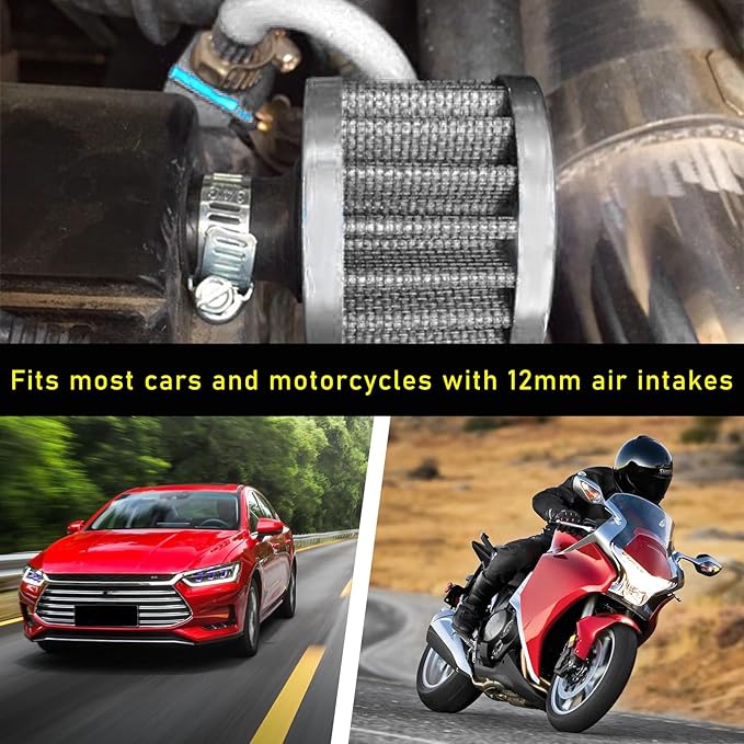 12mm Mini Air Filter, Universal Motor Cold Air Intake Filter Breather, Auto Turbo Vent Intake Filter Cleaner, Crankcase Breather Car Accessories for Motorcycle Engine Parts (Silver)