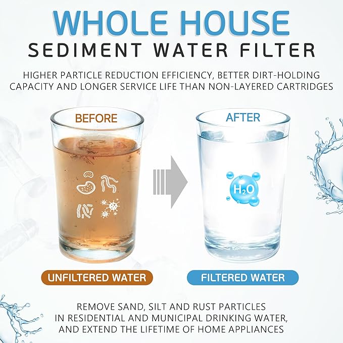 Ronaqua 5 Micron Sediment Water Filter Cartridge 10"x2.5", NSF Certified, 4-Layer Filtration for any 10-inch RO Units & Whole House Systems, Compatible with Culligan P5, AP110, WHKF-GD05, 6 Pack