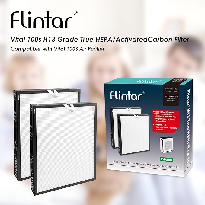 Flintar Vital 100S Replacement Filter, Compatible with LEVOIT Vital 100S Air Purifier, H13 Grade Filtration + Activated Carbon filter, Part # Vital 100S-RF, Original Filter, 2-Pack