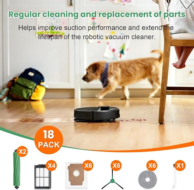 18 Pcs Replacement Parts for iRobot Roomba Plus 405 Combo / 505 Combo / 507 Combo Robot Vacuum Cleaner, Include 1 Main Brush, 4 Dust Bags, 4 Mop Pads, 4 Filters, 4 Side Brushes and 1 Cleaning Tool