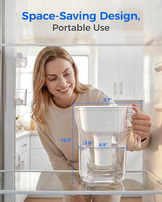 Waterdrop Water Filter Pitcher with 6 Replacement Filters, Can Work with Brita® Water Pitchers & Brita® Water Filters, BPA-Free, Fast Flow, Reduces Chlorine, Lead, Up to 12 Months, 7-Cup, White