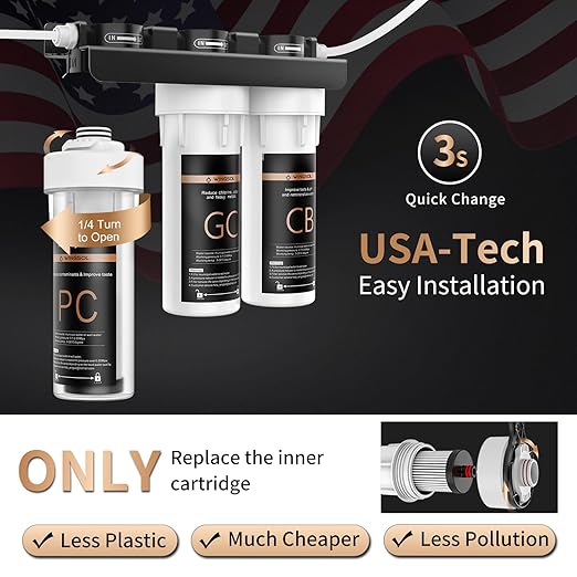 WINGSOL Water Filter for Sink with Faucet, 3-Stage Deep Filtration, Reduce Heavy Metals/Chlorine/PFAS/Odor/Sediment, NSF/ANSI 42&53 Improve Taste, Life Indication Mineral pH+ Under Sink Water Filter