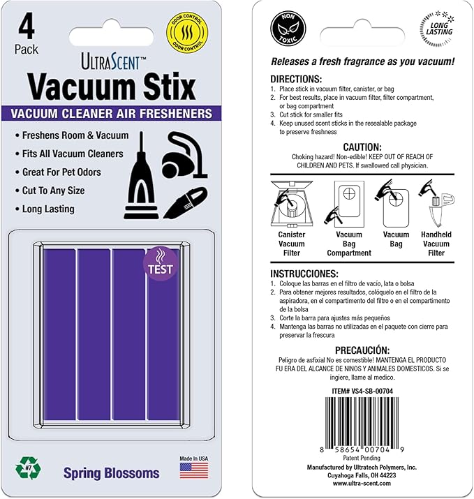 Vacuum Stix, Vacuum Deodorizer & Air Freshener Sticks for All Vacuums, Long-Lasting Vacuum Cleaner Deodorizer, Non-Toxic, Made in USA (1-Pack (4 Stix), Spring Blossoms)