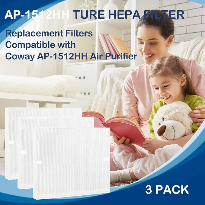 AP-1512HH True HEPA Filter Replacement Compatible with Coway Airmega AP-1512HH Mighty and Airmega 200M Air Cleaner Purifier, AP-1518R, AP-1519P, Item NO #3304899, 3 Pack HEPA Filter Only