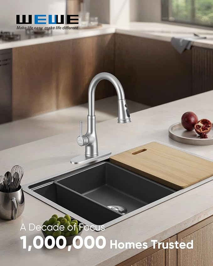 WEWE Vintage Kitchen Faucet with Pull Down Sprayer, Stainless Steel 1 or 3 Hole High Arc Single Handle Antique Sink Faucet for Classic Modern Ktichen, Brushed Nickel Bar & Prep Sinks
