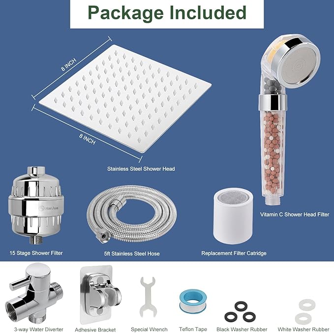 HarJue Filter Shower Head, High Pressure 8 Inch Rainfull with Filter Combo for Hard Water, Remove Chlorine Fluoride and Harmful Substances- 1 Replaceable Filter Cartridge (Square, Chrome)