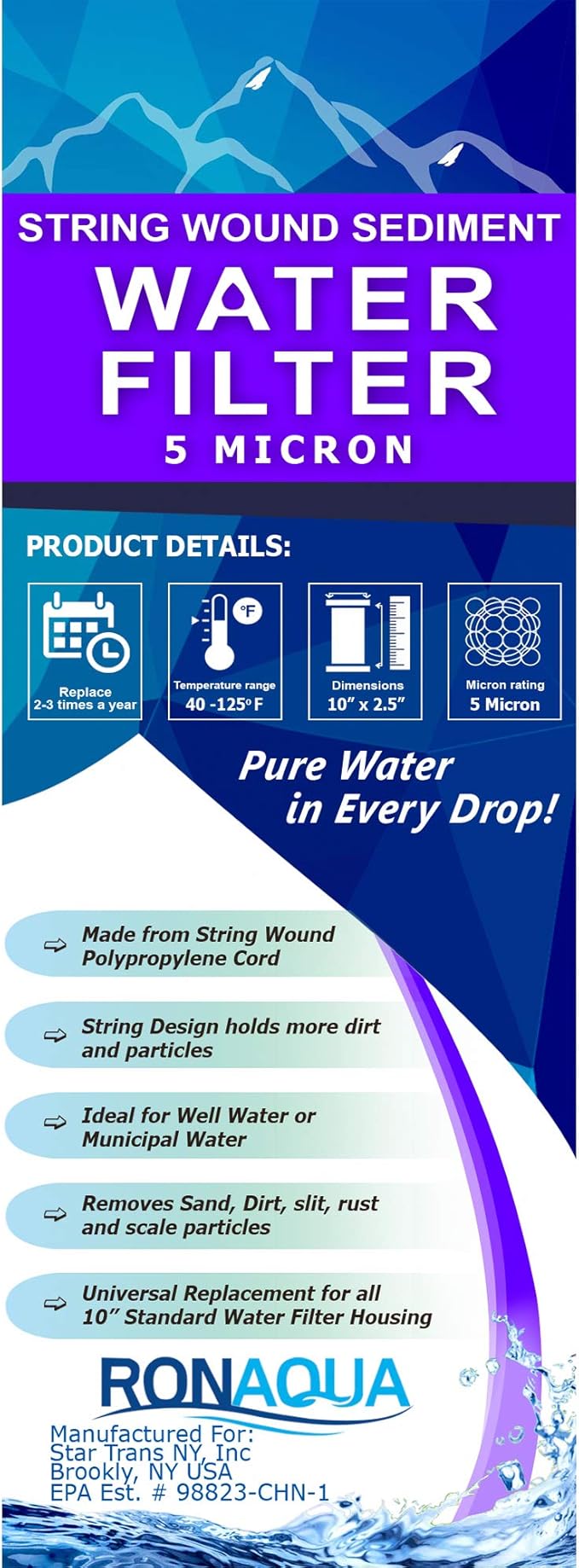 Ronaqua Wound String 5 Micron Sediment Water Filter Cartridges 10 Inc. x 2.5 Inc. A Replacement for Any RO System WELL-MATCHED with PFC4002, RS2-DS, WP5, WFPFC4002, 43235-76350 (2 Pack)