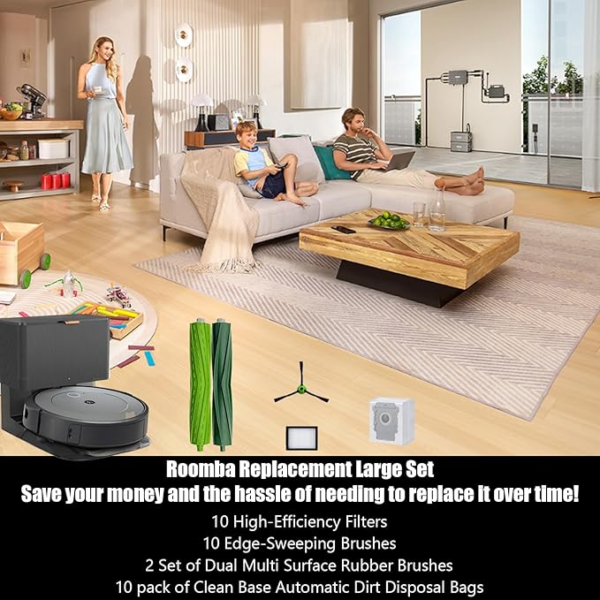 Replacement Parts for roomba i7 i7+ i3 i3+ i4 i4+ i5 i5+ i6 i6+ i8 i8+ j7 j7+/Plus j8 j8+ E5 E6 E7 Robot Vacuum Accessories,2 Rubber Roller 10 Filters 10 Side Brushes 10 Vacuum Bags
