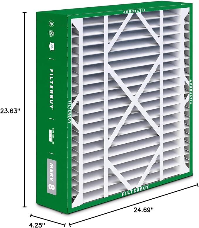 Filterbuy 24x25x5 Air Filter MERV 8 Essential Dust & Allergy Defense (3-Pack), Electrostatic Pleated HVAC AC Furnace Filters for Carrier FILXXCAR0024, Maytag & More (Actual Size: 23.63 x 24.69 x 4.25)