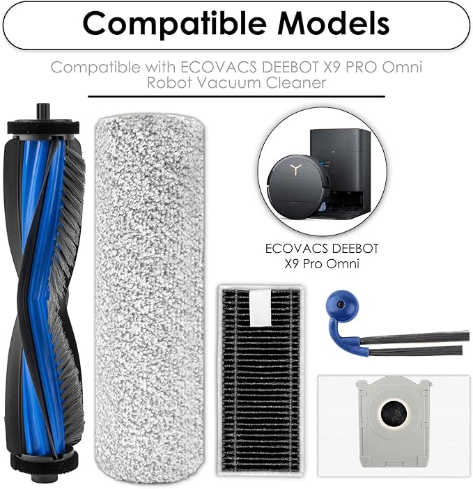 (22 Pack) X9 Pro Omni Replacement Parts Compatible with ECOVACS DEEBOT X9 Pro Omni Robot Vacuum, 2 Roller Brushes, 2 Brush Rollers, 6 Side Brushes, 7 Dust Bags, 5 HEPA Filters, Accessories Kit