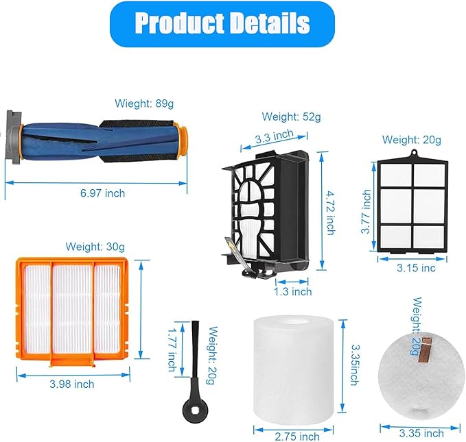 Replacement Parts Accessories Kit for Shark AI AV2511AE AV2501S AV2501AE RV2502AE RV2520AOUS AV2510AOUS Robot Vacuum Cleaner- 1 Main Brush, 4 Filters, 6 Side Brushes, 1 Foam Filter (12 Pack)