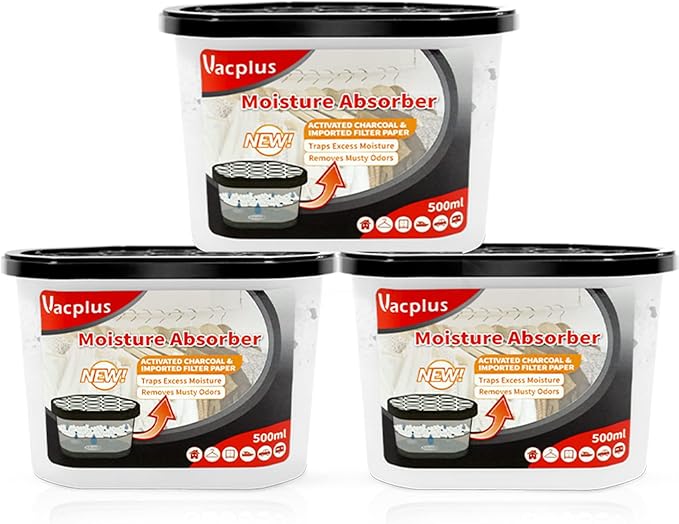 Vacplus Moisture Absorbers - Dehumidifiers for Closet, Efficient Humidity Absorber Boxes Collect Excess Moisture for Bathroom, Kitchen, Study, Activated Charcoal, 3 Pack