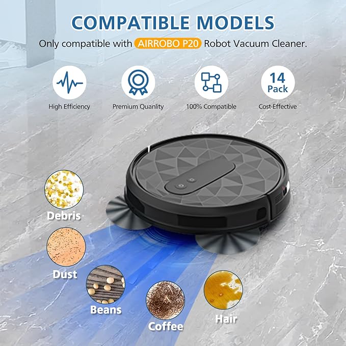 Airrobo P20 Robot Vacuum Cleaner Replacement Parts - 1 Main Brush, 6 HEPA Filters & Sponge, 6 Side Brushes, 1 Cleaning Brush (14 Pack)