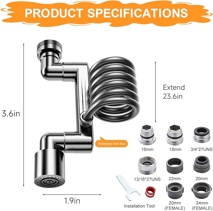 1080° Rotatable Faucet Extender Aerator - Sink Faucet Sprayer Attachment Bathroom - 2 Mode Metal Robotic Arm with Flexible Hose Extension - Small Pet Bathing Hair Face Washing