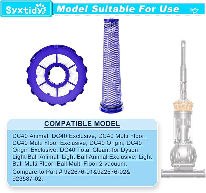 Filter Replacement for Dyson DC40 Multi Floor,DC40 Animal,Light/Slim Ball Animal, Origin and Total Clean Vacuums, Part 923587-02 & 922676-01,2 Post-Motor & 2 Pre-Motor Filters
