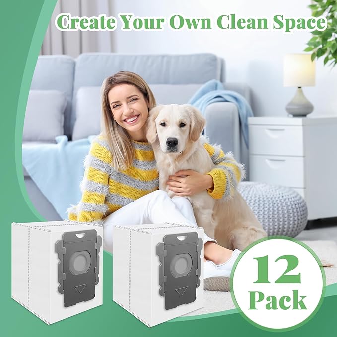 12 Pack Vacuum Bags Replacement for iRobot Roomba i7+, i8+, i3+, i4+, i5+, i6+, i1+, s9+, s9 Plus, Combo j8+, j9+,10 Max, 105, 705, i, s, j, Essential Series Clean Base Automatic Dirt Disposal Bags