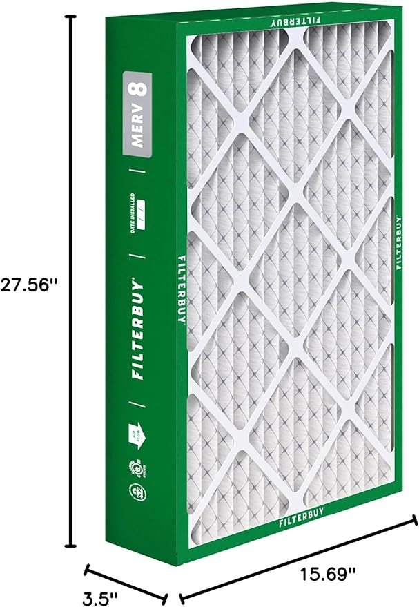 Filterbuy 15.75x27.63x3.50 Air Filter MERV 8 Essential Dust & Allergy Defense (3-Pack), Pleated HVAC AC Furnace Filters for AprilAire Space-Gard 104 & 2140 (Actual Size: 15.69 x 27.56 x 3.50)