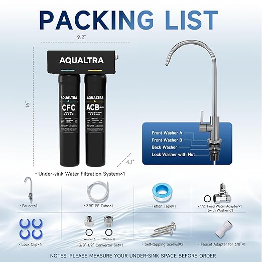 AQUALTRA USF-2F-15 Slightly Alkaline Under Sink Water Filtration System, 28K Gallons with Faucet, 0.5 μm Carbon Fiber Filter Reduces Chlorine, Chloramine, Fluoride, Bad Taste & Odor